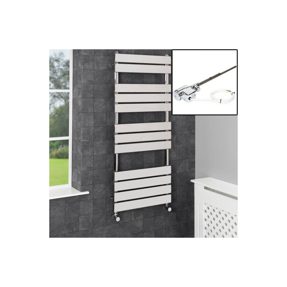 Duratherm 1200 X 500Mm Heated Towel Rail Dual Fuel Thermostatic Chrome Flat 12 Rail Wall