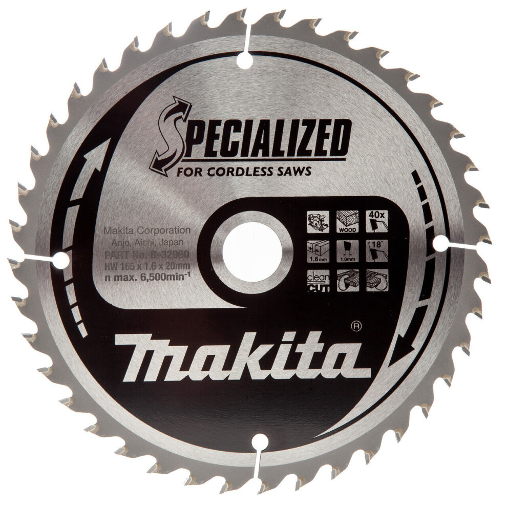 Makita Makita B-32960 Specialized Circular Saw Blade for Cordless Saws 165mm x 20mm x 40T B-32960