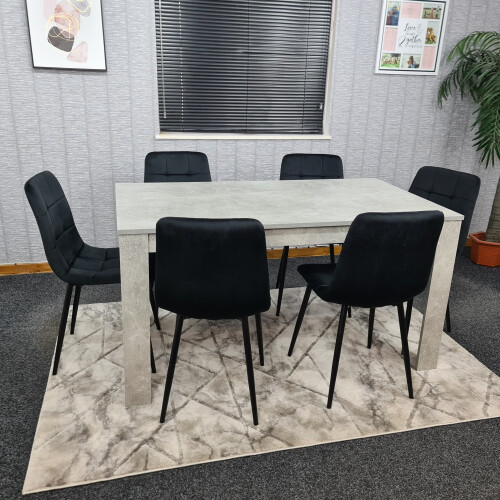 Grey Kitchen Dining Table and 6 Black Tufted Velvet Chairs Set 1