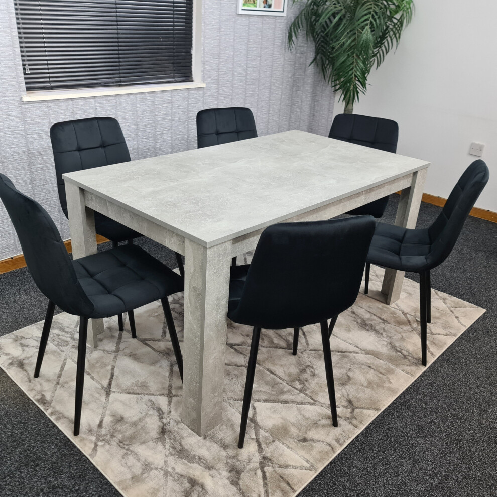 Grey Kitchen Dining Table and 6 Black Tufted Velvet Chairs Set