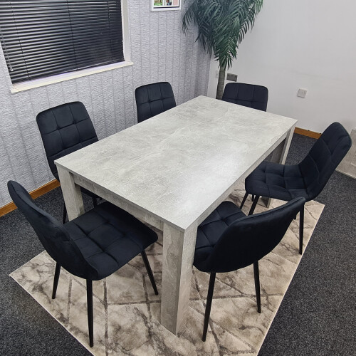 Grey Kitchen Dining Table and 6 Black Tufted Velvet Chairs Set 2