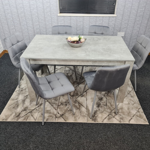 Grey Kitchen Dining Table and 6 Grey Tufted Velvet Chairs Set 2