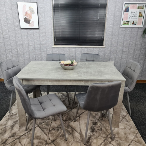 Grey Kitchen Dining Table and 6 Grey Tufted Velvet Chairs Set