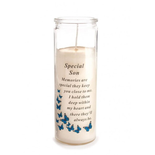 Graveside Memorial Candle Sentiment Blue Butterfly - Special Son