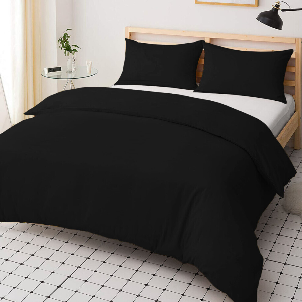 (Black, Double: 200 x 200 cm) Plain Duvet Quilt Cover Bedding Set & Pillowcases Pair