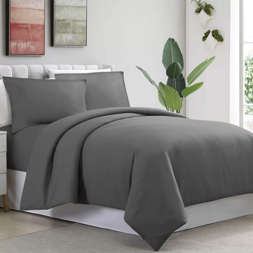 (Grey, Double: 200 x 200 cm) Plain Duvet Quilt Cover Bedding Set & Pillowcases Pair