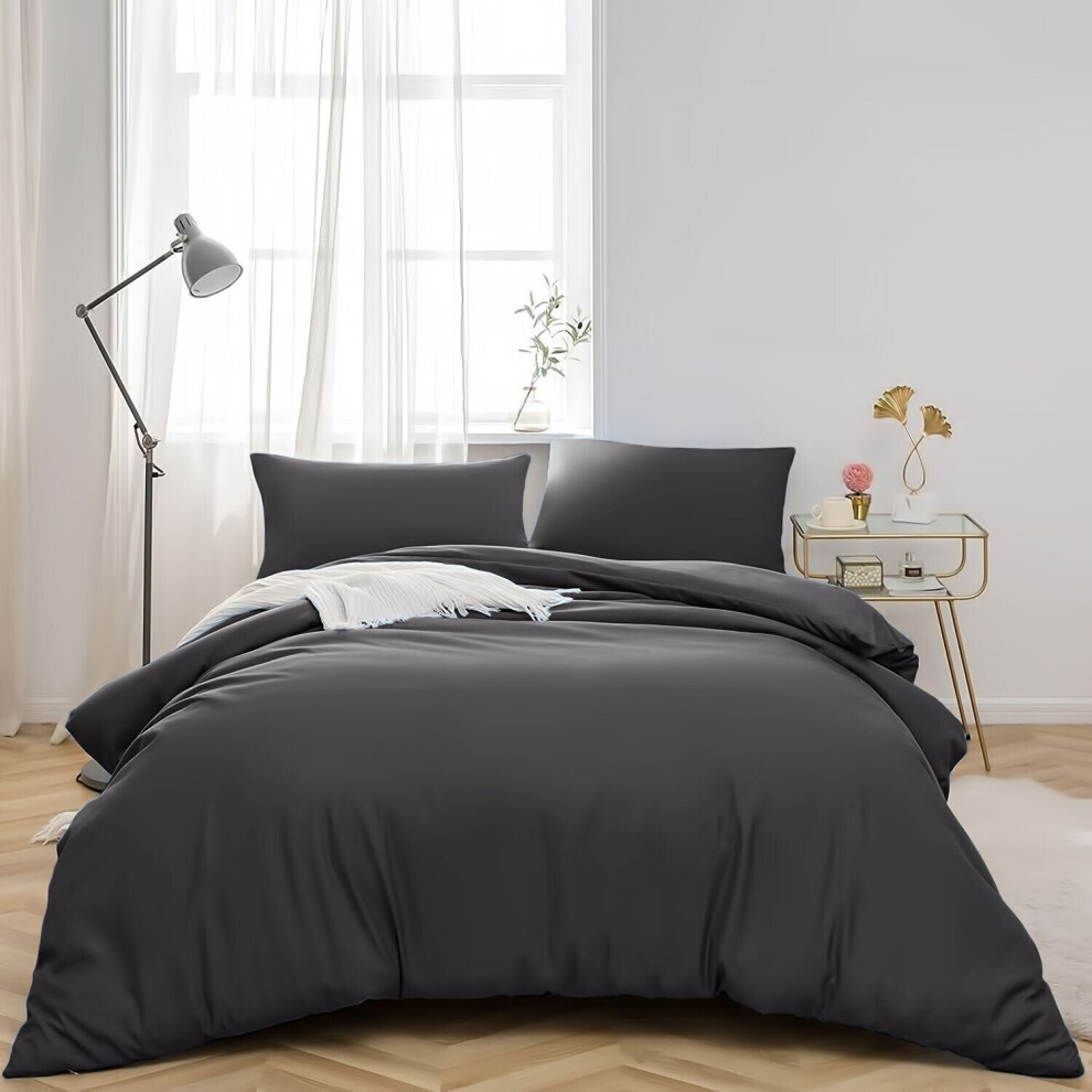 (Charcoal, Double: 200 x 200 cm) Plain Duvet Quilt Cover Bedding Set & Pillowcases Pair