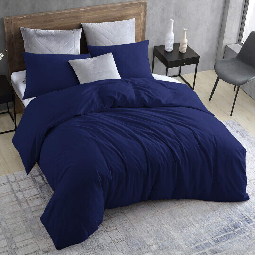 (Navy Blue, Double: 200 x 200 cm) Plain Duvet Quilt Cover Bedding Set & Pillowcases Pair