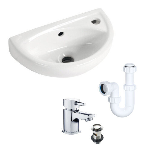 Small Compact Wall Hung Basin Mono Basin Mixer Tap Waste & Plastic Trap