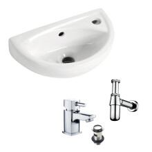 Small Compact Wall Hung Basin Mono Basin Mixer Tap Waste & Round Bottle Trap