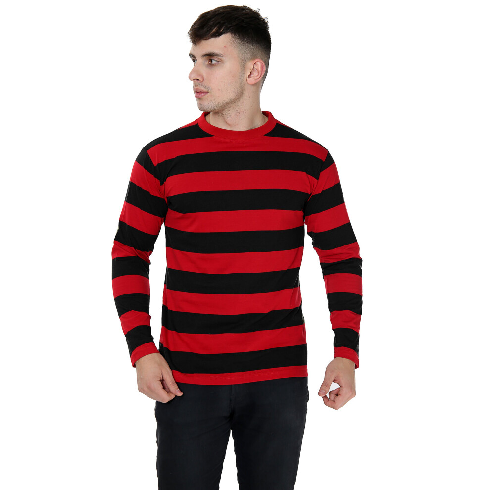 (2XL) Adults Unisex Full Sleeve Red Black Stripe T-Shirt