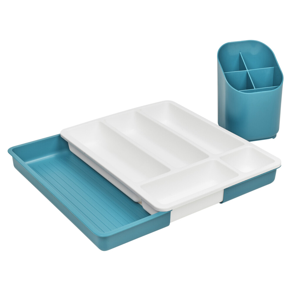 (Teal) Cutlery Drainer Basket & Extending Cutlery Tray