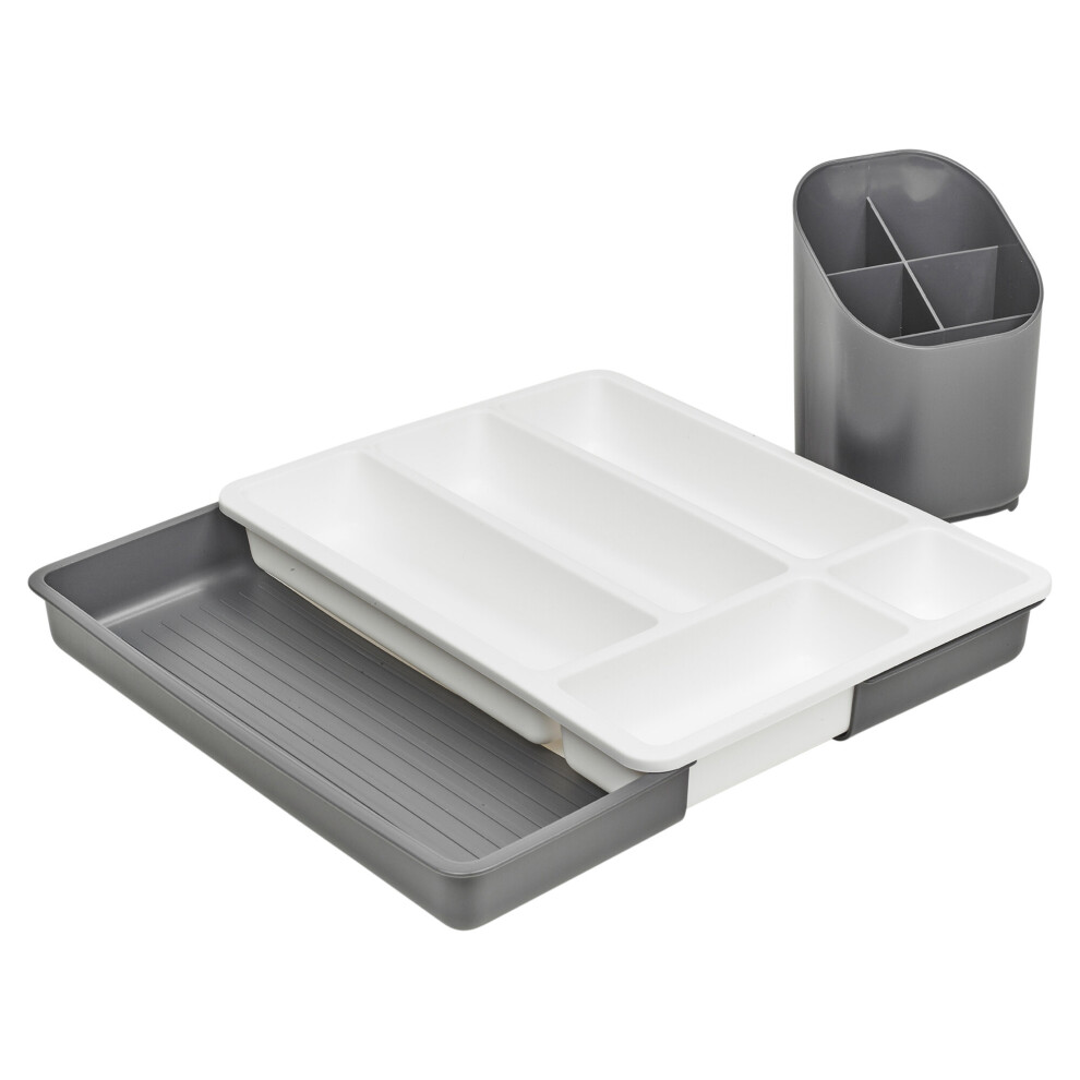 (Grey) Cutlery Drainer Basket & Extending Cutlery Tray