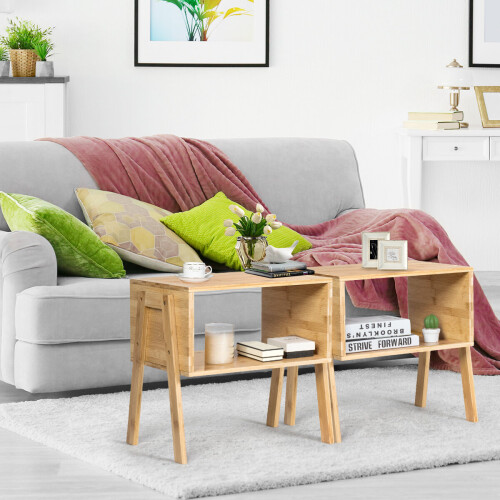 Costway 2pcs Stackable Side Table Bamboo Table Sturdy Waterproof Nightstand 2