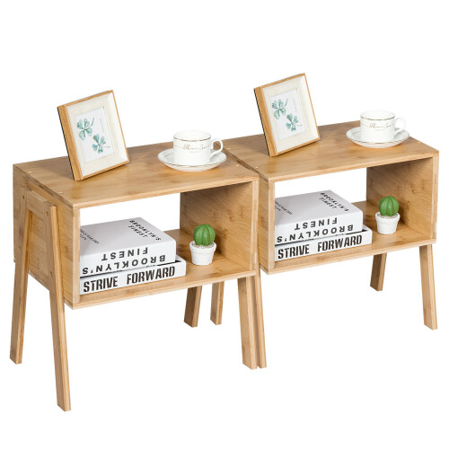 Costway 2pcs Stackable Side Table Bamboo Table Sturdy Waterproof Nightstand
