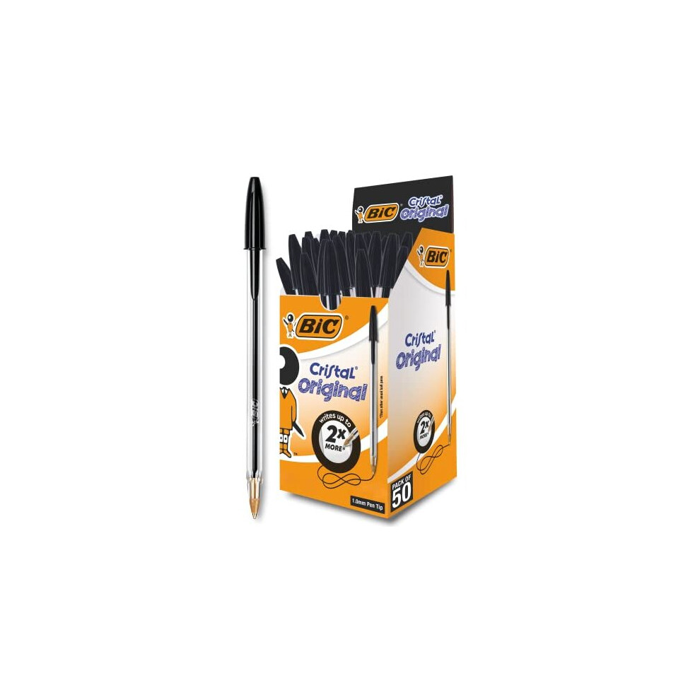 BIC Cristal Original Smudge Free Ballpoint Pens, Ideal for School, Black, Medium Point (1.0mm), Pack of 50