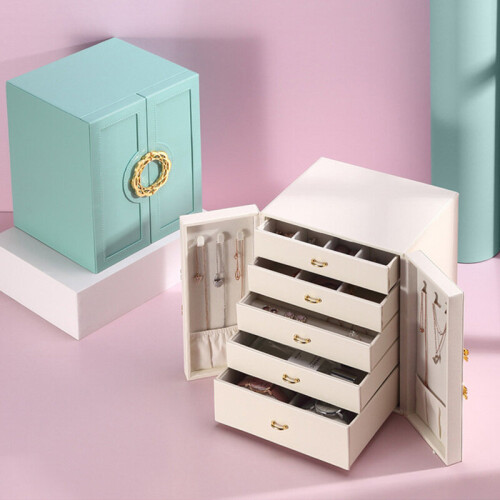 (Pink) Jewellery box with double doors 5layers waterproof 1