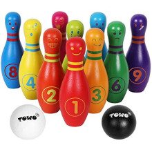 TOWO Wooden Skittles for Children - Wooden Skittle Set with Facial Emotions and Numbers - 10 Pin Bowling Set for Kids Indoor and Garden toys - Wooden