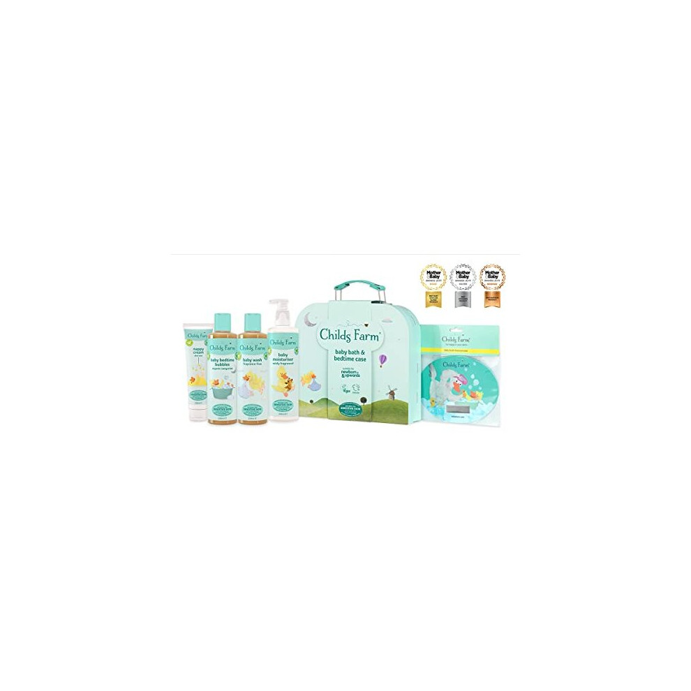 Childs Farm | Baby Bedtime Suitcase Gift Set 850ml | Baby Wash, Baby Bubble Bath, Baby Moisturiser, Nappy Cream & Bath Thermometer | Suitable for