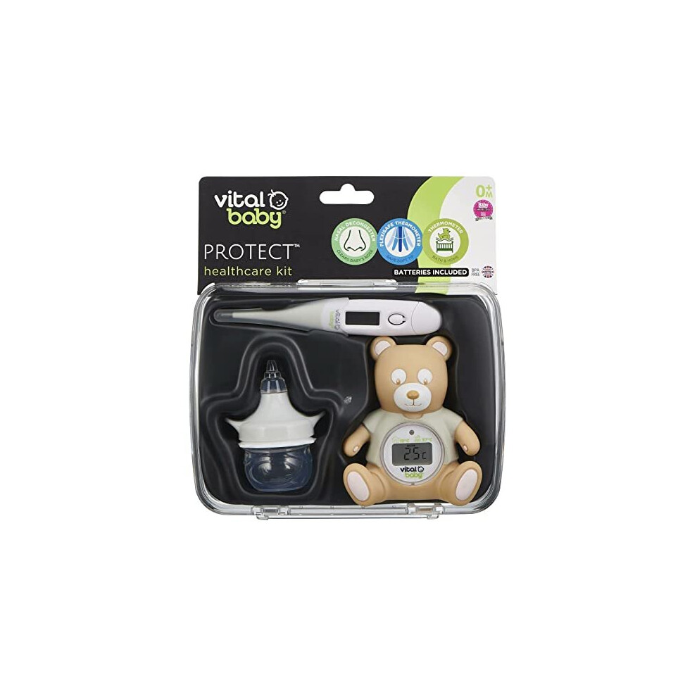 Vital Baby PROTECT Healthcare Kit for Baby - 3pcs Room and Bath Thermometer, Nasal Aspirator, Body Thermometer – Essential Newborn Baby Health and