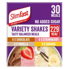 SlimFast Variety Shakes Sachet Assorted Box, Tasty Shakes for Balanced Diet, Chocolate, Strawberry, Vanilla and Banana Flavours, 30 Sachets, 3 x 10