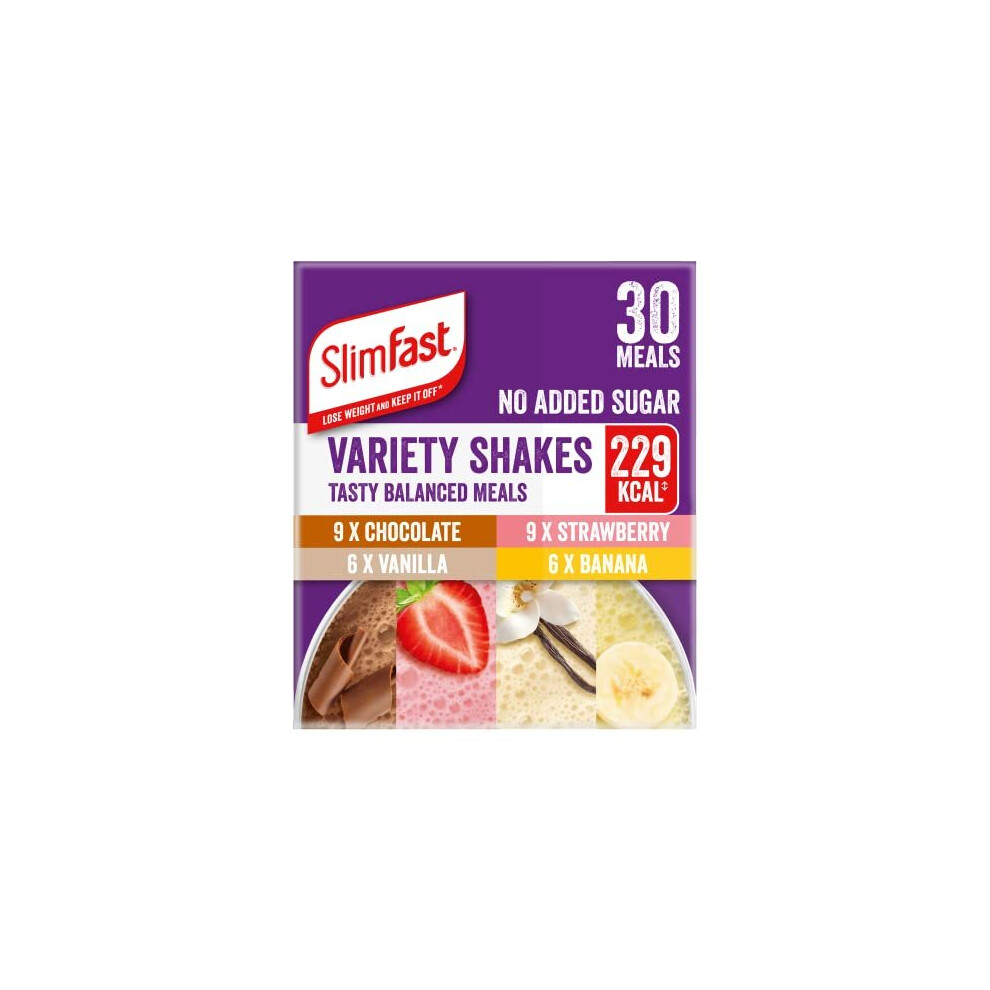 SlimFast Variety Shakes Sachet Assorted Box, Tasty Shakes for Balanced Diet, Chocolate, Strawberry, Vanilla and Banana Flavours, 30 Sachets, 3 x 10