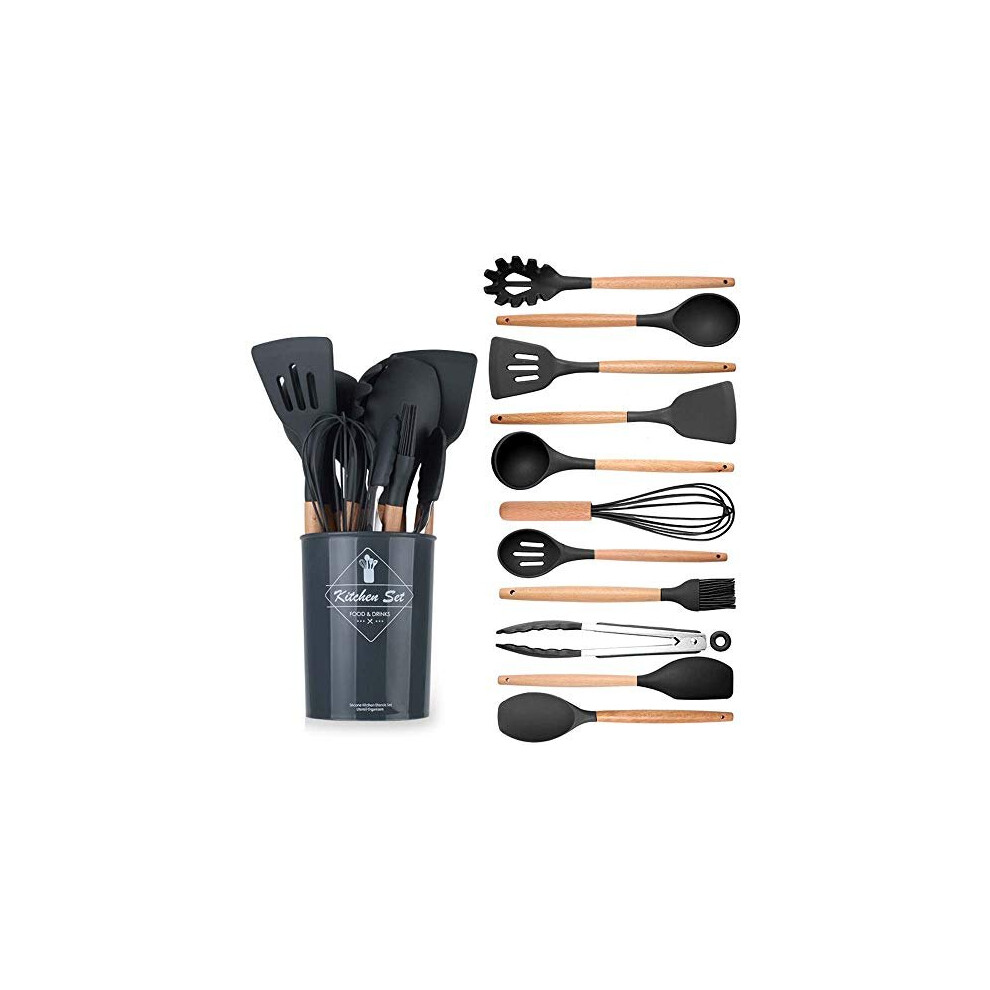 Kitchen Utensils Set, 12 pcs Non-Stick Silicone Cooking Kitchen Utensils Spatula Set with Holder, Cooking Spatula Turner Heat Resistant Tools with