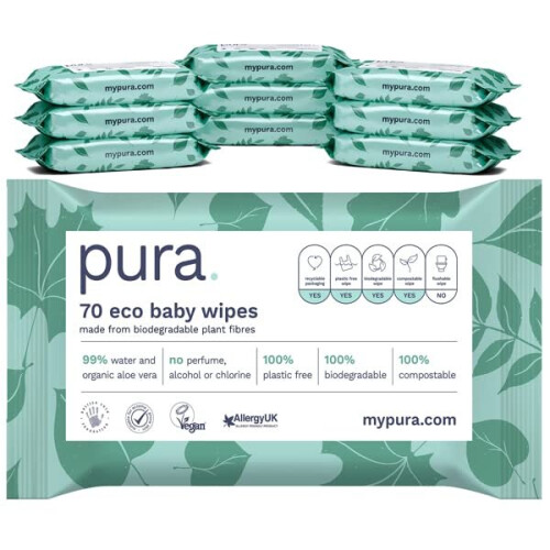 Pura Baby Wipes 10 x 70 per pack, (700 Wet Wipes) 100 Plastic Free, 99
