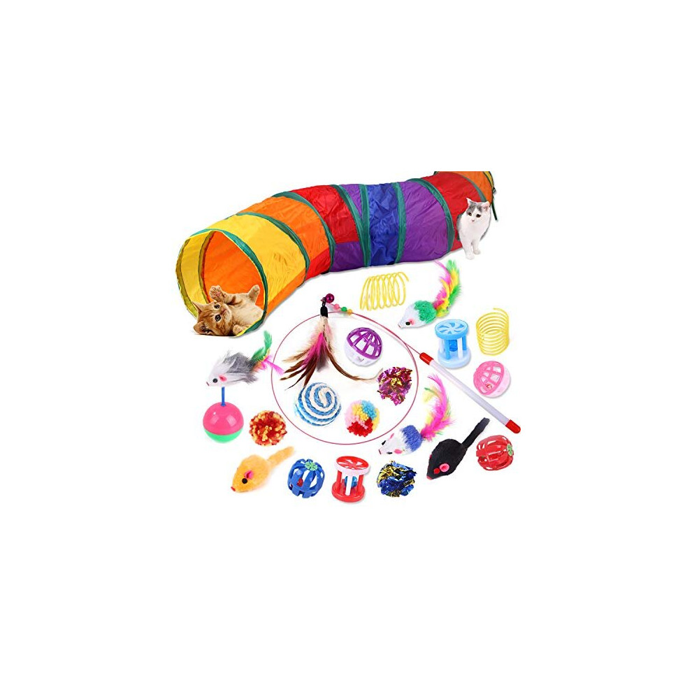 WeFine 20 Pcs Cat Toys, Kitten Toys for Indoor Cats, Cat Tunnel Interactive Feather Teaser Wand Ball Toy Set for Kitty and Cats