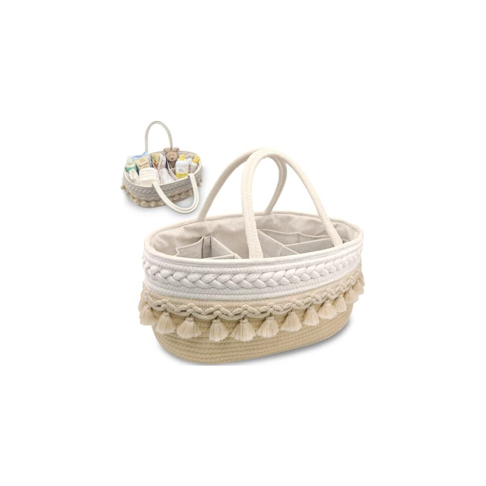MillyBeas Baby Nappy Caddy Organiser, Large Cotton Rope Bohemian Basket for Diaper Storage with Changeable Dividers, Newborn Portable Nursery Bin,