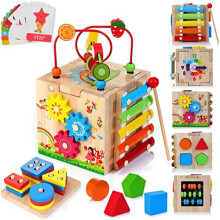 HELLOWOOD Wooden Activity Cube Baby Toys, 8-in-1 Montessori Educational Toy Set, Bead Maze Shape Sorter Abacus Xylophone Words & Clock Learning, STEM