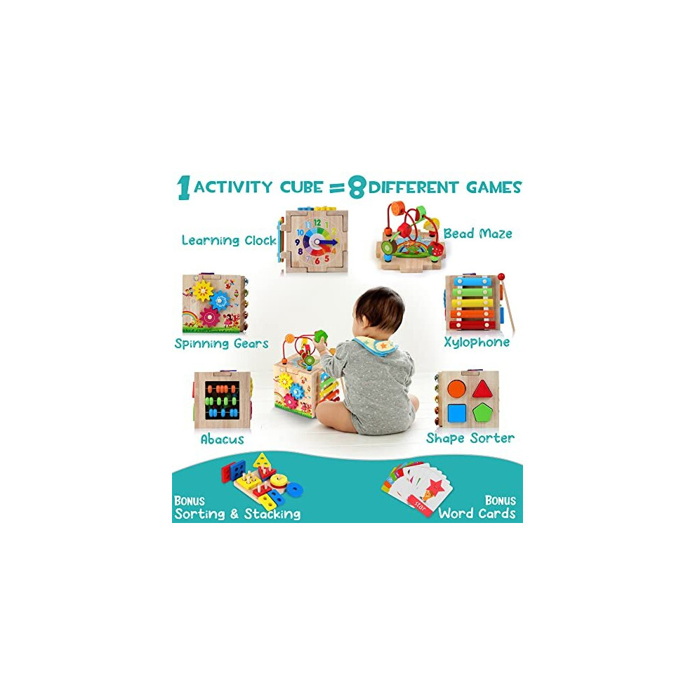 HELLOWOOD Wooden Activity Cube Baby Toys, 8-in-1 Montessori