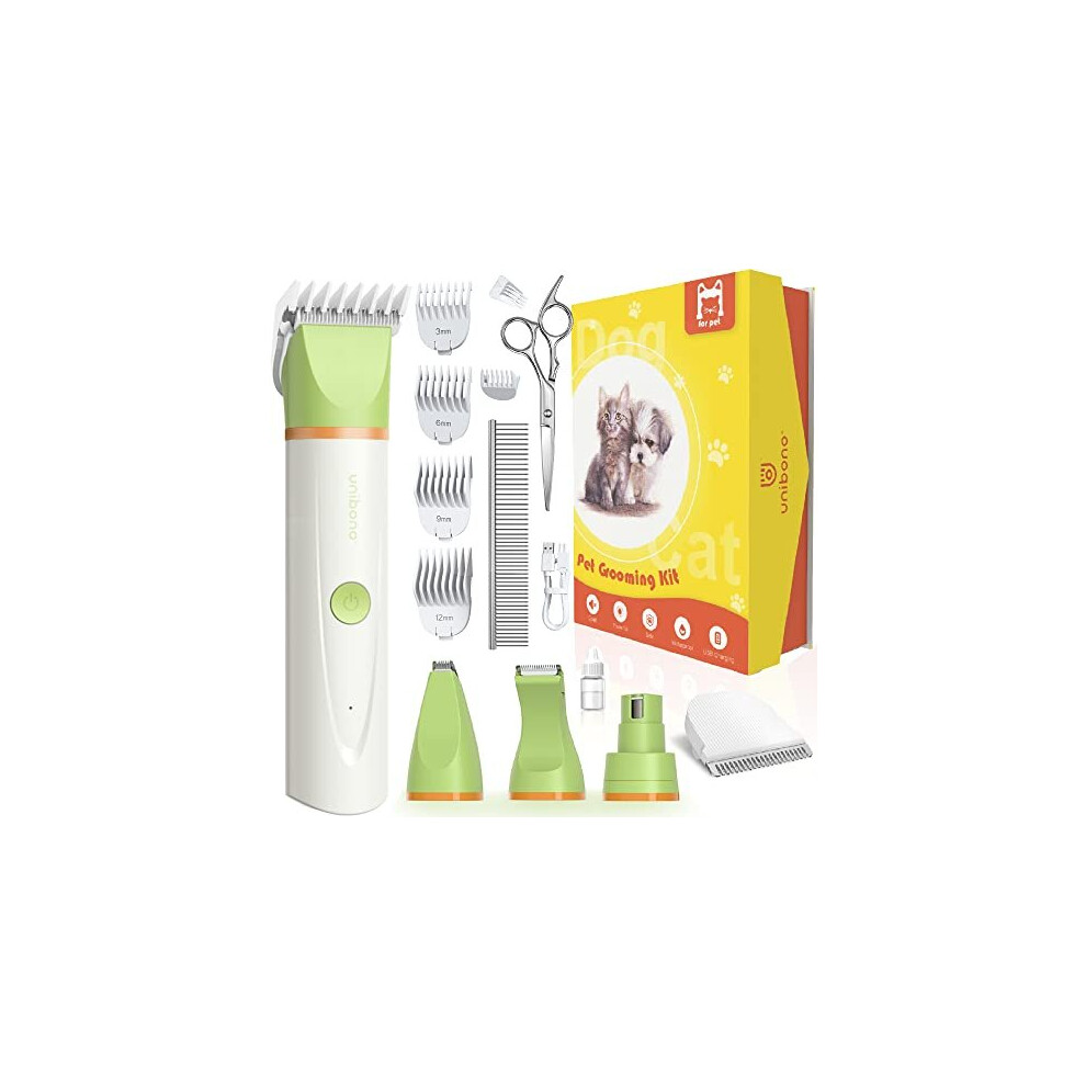 Unibono Dog Grooming Clipper Kit, All-in-One Cordless Pet Clipper for Dogs & Cats, Low Noise for Paws, Eyes, Ears, Face & Thick Hair with Nail