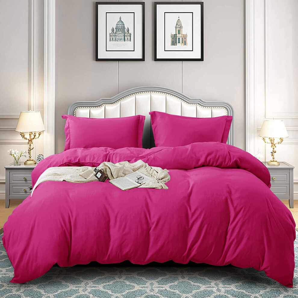 (Pink, Super King: 260 x 220 cm.) Plain Duvet Quilt Cover Bedding Set Microfiber Plain Pillowcases Pair