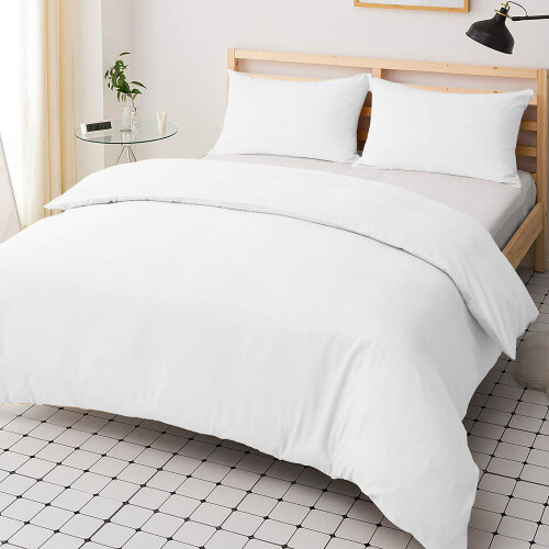 (White, Double: 200 x 200 cm.) Plain Duvet Quilt Cover Bedding Set Microfiber Plain Pillowcases Pair