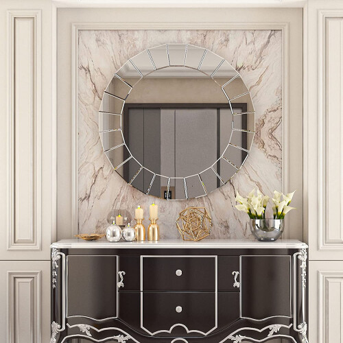 Round Decorative Mirror 80cm Silver Vanity with Sunburst Glass Edge 2