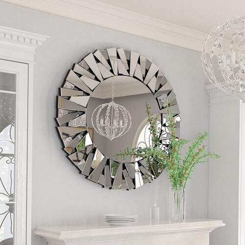 80cm Round Sunburst Wall Mounted Silver Glass Decorative Mirror on OnBuy