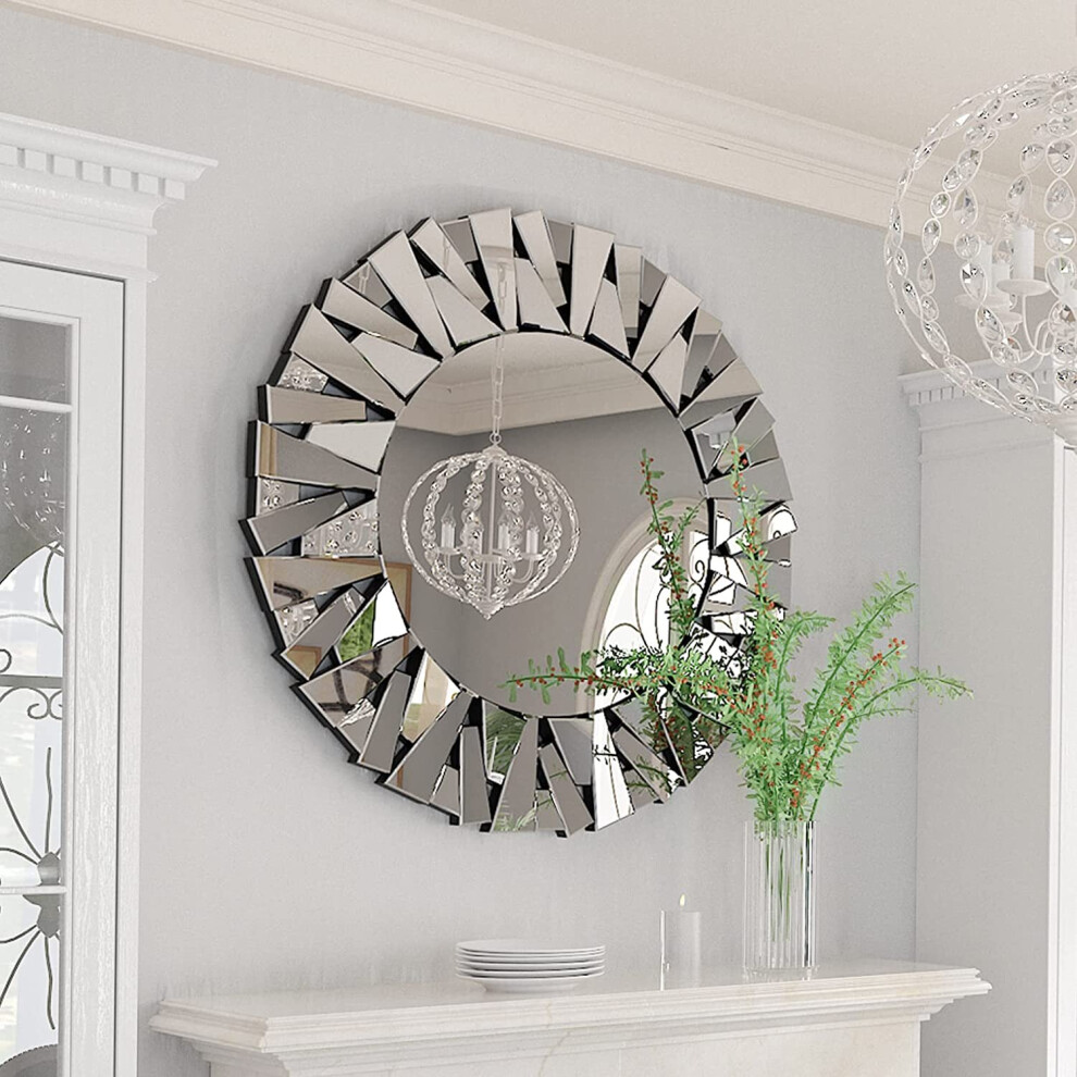 80cm Round Sunburst Wall Mounted Silver Glass Decorative Mirror