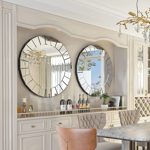 Round Decorative Mirror 80cm Silver Vanity with Sunburst Glass Edge 1