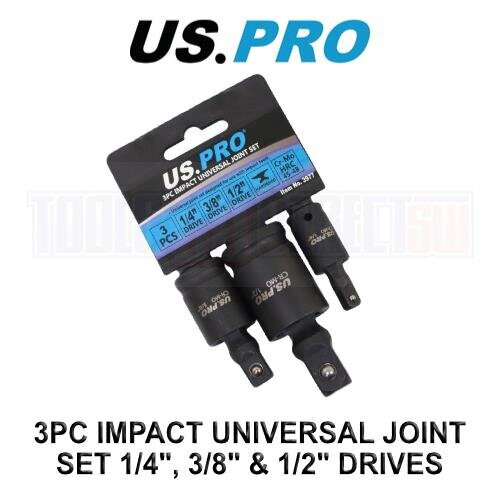 us pro US PRO Tools 3pc Impact Universal Wobble Joint Set 1/4", 3/8" ,1/2" Drives 3977