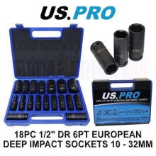 US PRO Tools 18PC 1/2" DR 6PT European Deep Impact Sockets 10 - 32mm 3923