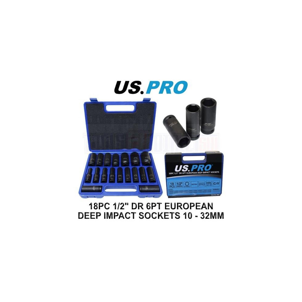 Us Pro Tools 18Pc 1/2" Dr 6Pt European Deep Impact Sockets 10 - 32Mm 3923