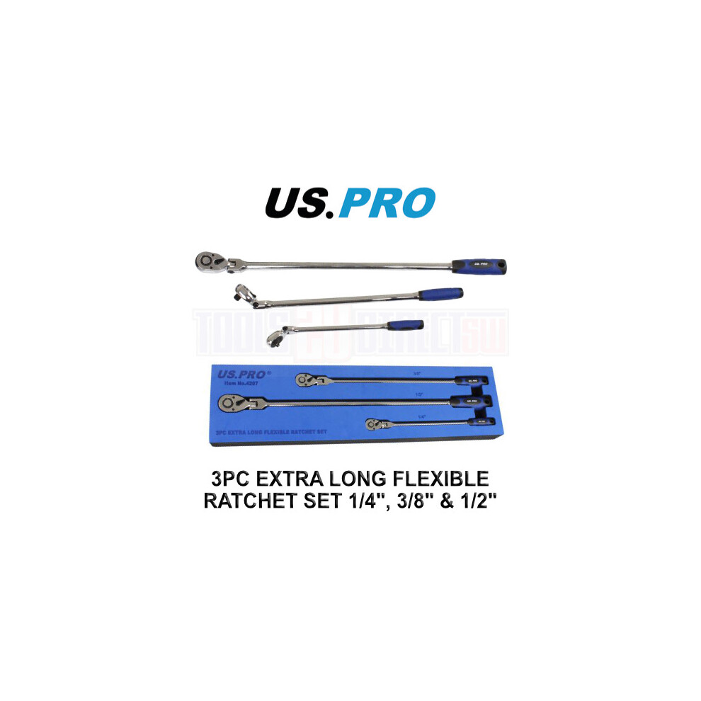 Us Pro Tools 3Pc Extra Long Flexible Ratchet Set 1/4", 3/8" & 1/2" Drive 4207