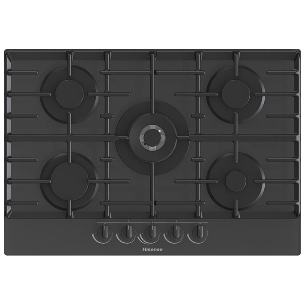 5 Burner Gas Hob In Black, Glass Top / Cast Iron Supports - Hisense GG773B