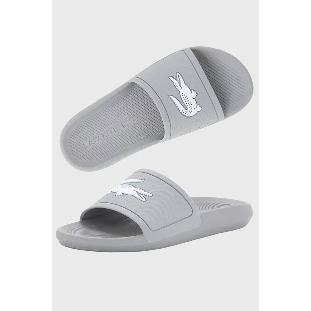 (UK 4) LACOSTE Womens croco pool sliders in grey/white