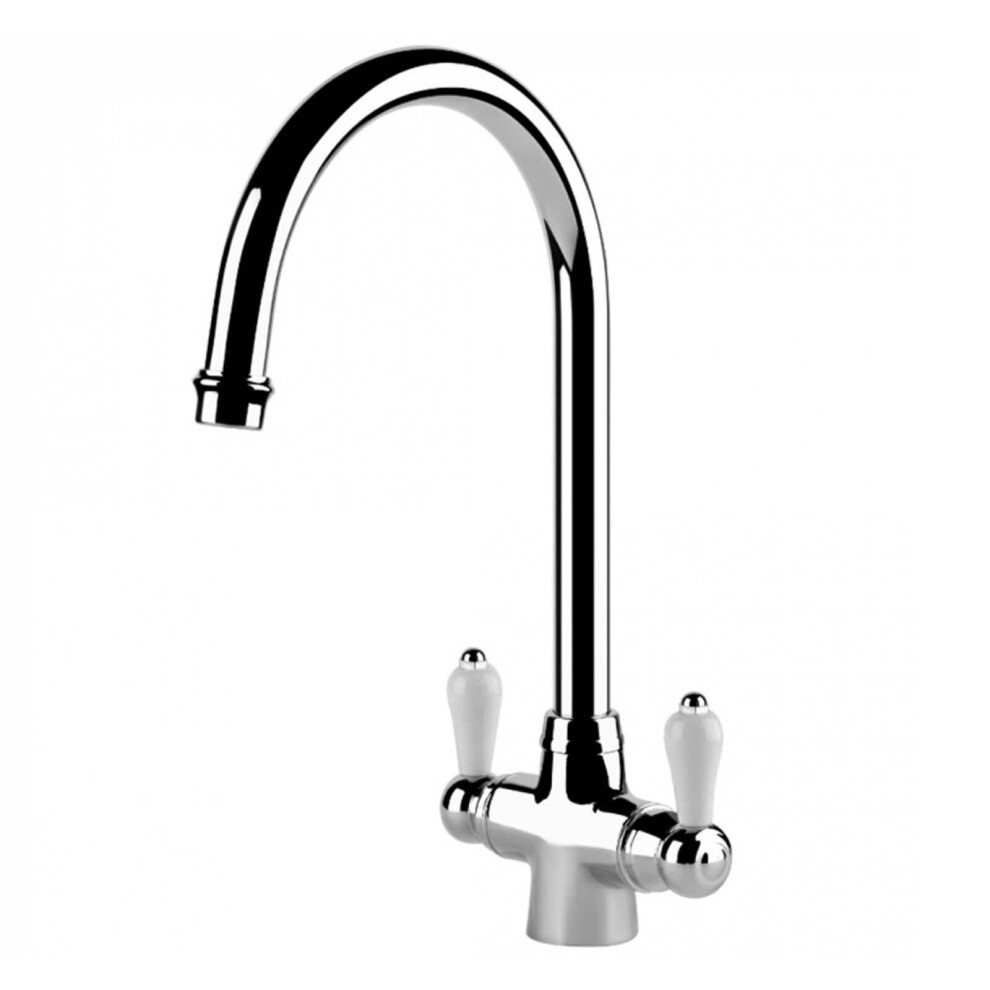 Twin Lever Kitchen Mixer Tap In Chrome, White Handles, Vintage Style - CHIANTI