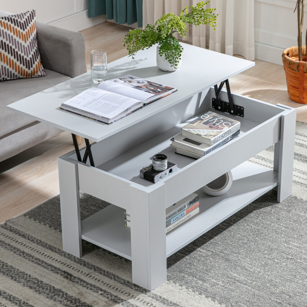 ((Grey)) Lift Top Up Coffee Table With Storage Drawer Shelf