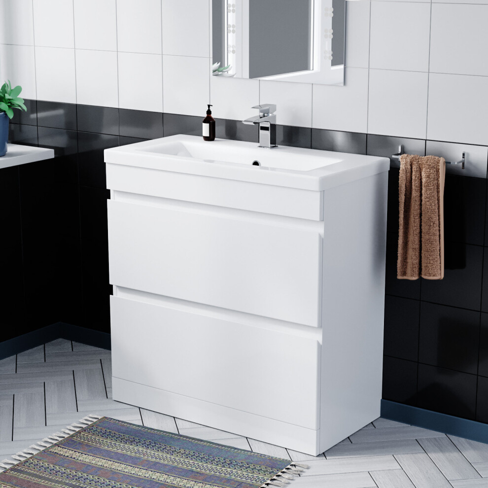 Minimalist 800 Freestanding Gloss White Basin Vanity Sink 2 Drawers | COT