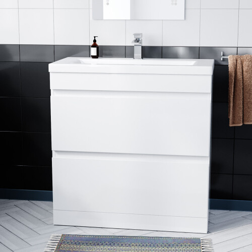 NES Home Minimalist 800 Freestanding Gloss White Basin Vanity Sink 2 Drawers | COT 1