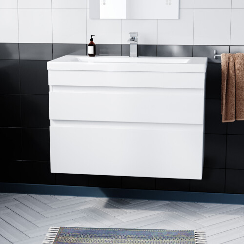 NES Home Minimalist 800mm Wall Hung Gloss White Basin Vanity Sink 2 Drawers | COT 1